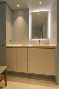 a bathroom with a sink and a mirror at Tantor Nostalgie in Nieuwpoort