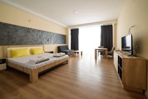um quarto de hotel com uma cama e uma televisão em Noble House em Kriva Palanka