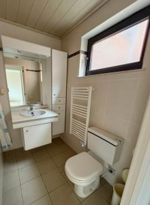 ein Bad mit einem WC, einem Waschbecken und einem Fenster in der Unterkunft Station 64 B1 Charleroi-Airport in Charleroi