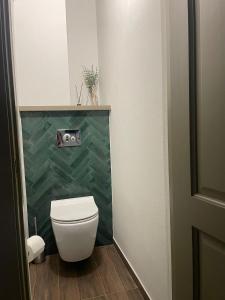 a bathroom with a toilet with a green tiled wall at apartment SPRING in Cēsis