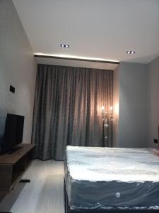 Comfortable Apartment في طشقند: غرفة نوم بسرير كبير وتلفزيون