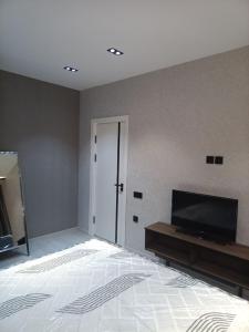 Comfortable Apartment في طشقند: غرفة نوم مع تلفزيون بشاشة مسطحة على جدار