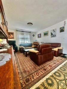 a living room with leather furniture and a rug at VILA MARTINA in Herceg-Novi