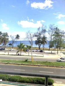 a road with a view of the ocean and palm trees at santo domingo-avenida de españa in Santo Domingo