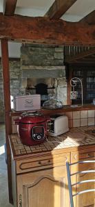 uma cozinha com um aparelho vermelho no balcão em Cottage LE NID em Perriers-en-Beauficel