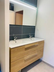ein Bad mit einem Waschbecken und einem Spiegel in der Unterkunft Le Saint Marin in Chatuzange-le-Goubet
