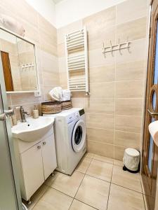 a bathroom with a washing machine and a sink at Zen Studio in Braşov