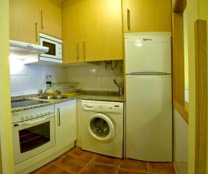 a kitchen with a white refrigerator and a washing machine at La Cabana, Edificio Los Molinos in Felechosa