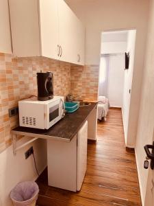 una pequeña cocina con microondas en una encimera en Apartamentos Murallas Merinies, en Ceuta