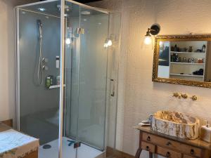 een badkamer met een douche, een wastafel en een spiegel bij Las Vignes - Wo die Ruhe die Seele befriedet in Cazes-Mondenard