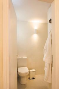 La salle de bains est pourvue de toilettes et d'une lumière sur le mur. dans l'établissement NESEA Boutique Apartments, à Hydra
