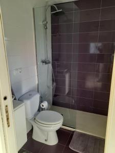 La salle de bains est pourvue de toilettes et d'une douche en verre. dans l'établissement La Boquerona, à Polanco