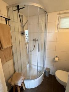 a bathroom with a shower with a sink and a toilet at Pfälzer Hexenhäuschen in Edesheim in Edesheim