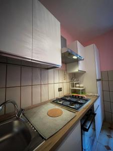 uma cozinha com um lavatório e um fogão forno superior em Dimora Selù em Laurino