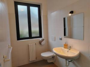 a bathroom with a sink and a toilet and a window at Lake Como Beach Hostel in Domaso