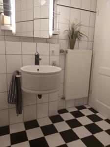 La salle de bains est pourvue d'un lavabo et d'un sol en damier. dans l'établissement Waldwinkel, à Treuchtlingen