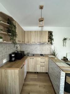 a kitchen with wooden cabinets and a sink at Zen Studio in Braşov