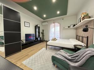 ペスキエーラ・デル・ガルダにあるHide Apartmentのベッドルーム(ベッド1台、薄型テレビ付)