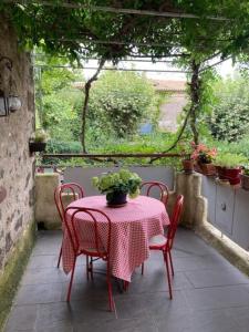 einen Tisch mit roten Stühlen und einem rosa Tischtuch in der Unterkunft Ancienne maison en pierre au coeur du village in Usclas-lʼHérault