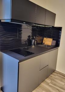 a kitchen with a sink and a stove top oven at Pokoje przy Zamku in Podzamcze