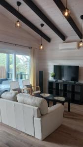 un soggiorno con divano bianco e TV di La cabaña de Uceda a Uceda