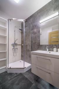 een badkamer met een douche en een wastafel bij Apartament9 Źródlana MountainAparts in Świeradów-Zdrój