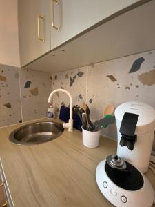 eine Küchentheke mit einem Mixer und einem Waschbecken in der Unterkunft Le Confetti ! in Sète