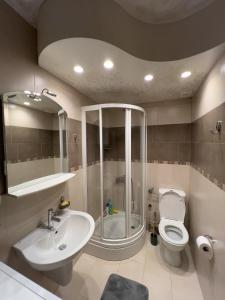 een badkamer met een douche, een toilet en een wastafel bij City Gem: Stylish Urban Hideout in Budva
