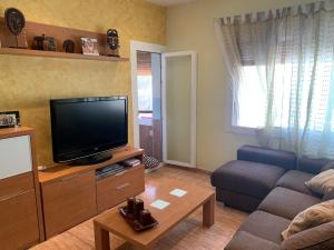 sala de estar con TV de pantalla plana y sofá en Apartamento Bàsico, en Cala Llonga