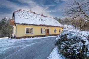 una pequeña casa amarilla con nieve al lado de una carretera en Robida, en Vransko