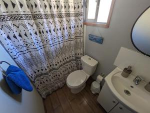 a bathroom with a shower curtain and a toilet and a sink at Cumbres de Alcohuaz in Alcoguaz