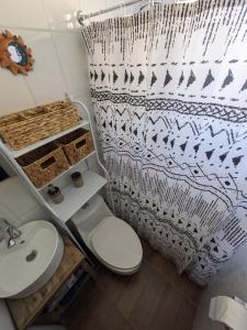 a bathroom with a toilet and a shower curtain at Cumbres de Alcohuaz in Alcoguaz