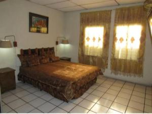 1 dormitorio con 1 cama grande y 2 ventanas en Hotel Luigi en San Salvador