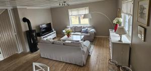 a living room with two couches and a tv at At The Lakeside - Villa in Skulestadmo