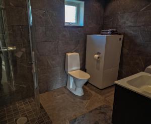 a bathroom with a toilet and a shower and a sink at Wild Lodge in Nol