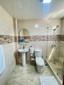 a bathroom with a toilet and a sink and a shower at Super Cozy n´Confortable apart. in Ensanche Los Minas +25 photos