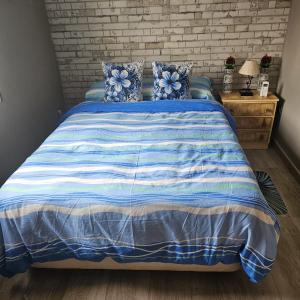 a bedroom with a bed with a blue and white comforter at Chalet con piscina en escalona in Toledo