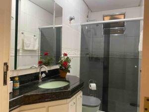 a bathroom with a sink and a toilet and a shower at Apartamento Encantador C in Montes Claros