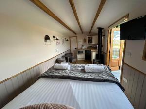 Hafod Shepherd Hut في آبريستويث: غرفة نوم بسرير كبير في غرفة