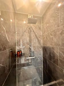 La salle de bains est pourvue d'une douche avec une porte en verre. dans l'établissement Le Coin Rocheux, à La-Roche-en-Ardenne