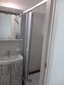 ein Bad mit einer Dusche und einem Waschbecken in der Unterkunft La tana di Pisolo in Vicoforte