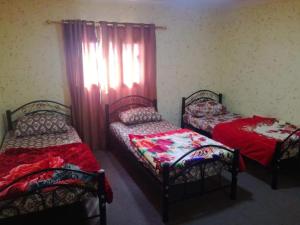 2 Einzelbetten in einem Zimmer mit Fenster in der Unterkunft Dana INN in Tufailah