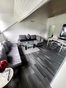 ブリュッセルにあるCity Brussels Apartmentsのソファとテーブルのあるリビングルーム