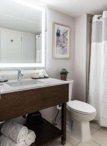 a bathroom with a sink and a toilet and a mirror at Embassy Suites by Hilton Tulsa I-44 in Tulsa