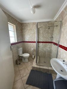 a bathroom with a shower and a toilet and a sink at Holiday Flat at Vaaldam Sgt Pepper's in Oranjeville