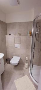 uma casa de banho branca com um WC e um chuveiro em Lesia Apartments 4 em Brno