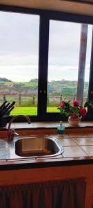 a kitchen counter with a sink and a window at Prau del Urogallo in Ribadesella