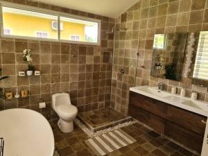 a bathroom with a toilet and a shower and a sink at Casa Carey Lajas Pty Exclusive Beachfront Villa in Cabrera