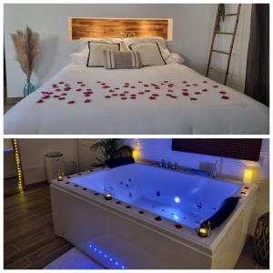 a bedroom with a bed and a hot tub at Levasion romantique loft jacuzzi et jardin privatif à 20 minutes de Paris et 10 minutes Stade de France Wifi Netflix in Saint-Prix