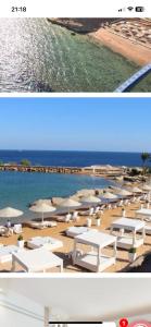two photographs of a beach with white umbrellas and the ocean at appartamento nel resort Domina in Sharm El Sheikh